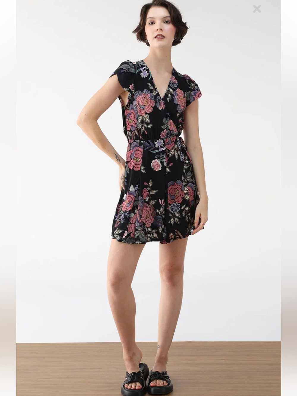FARM Rio Black Mini Dress with Pink & Purple Floral Print